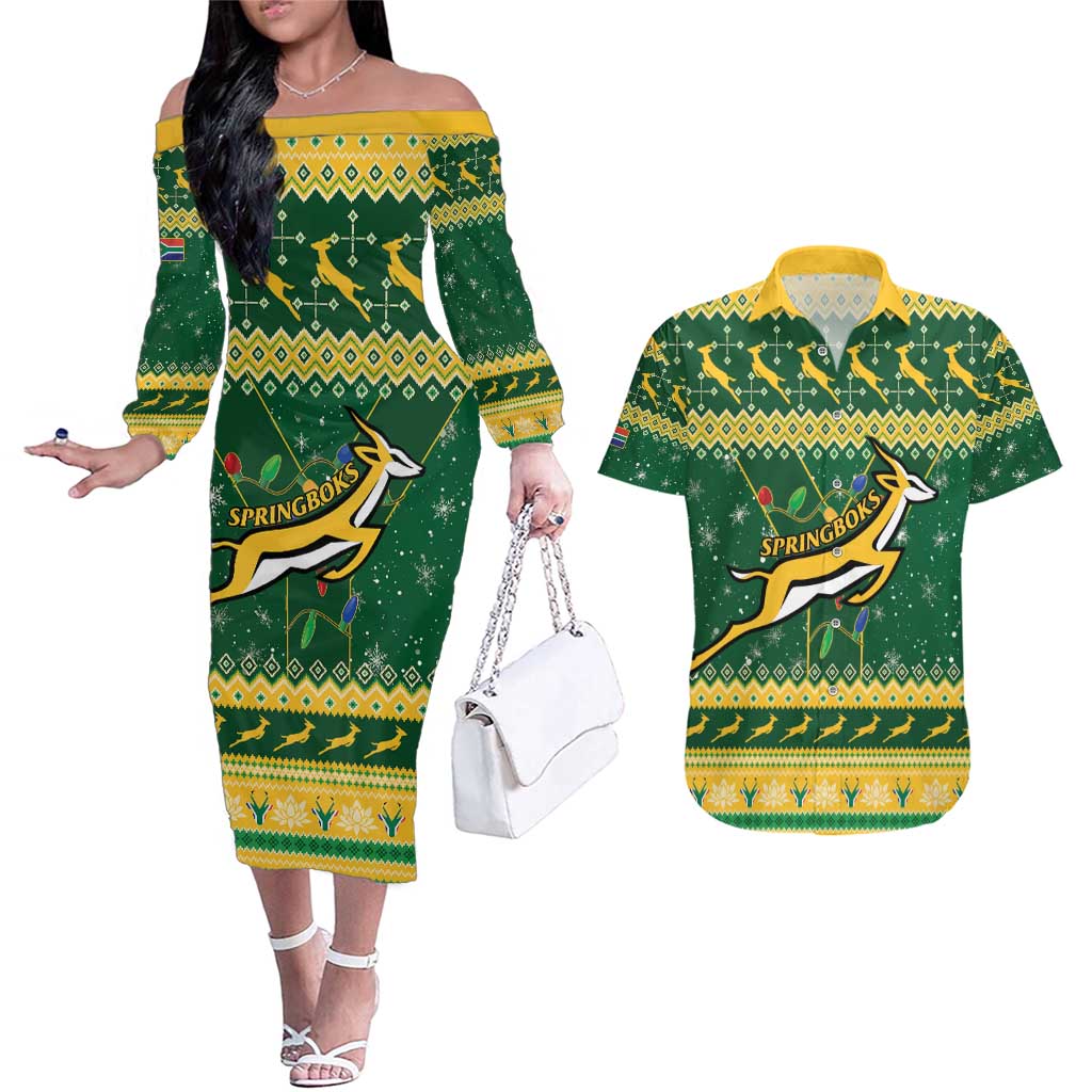 South Africa Christmas Rugby Couples Matching Off The Shoulder Long Sleeve Dress and Hawaiian Shirt Springboks Geseende Kersfees - Wonder Print Shop