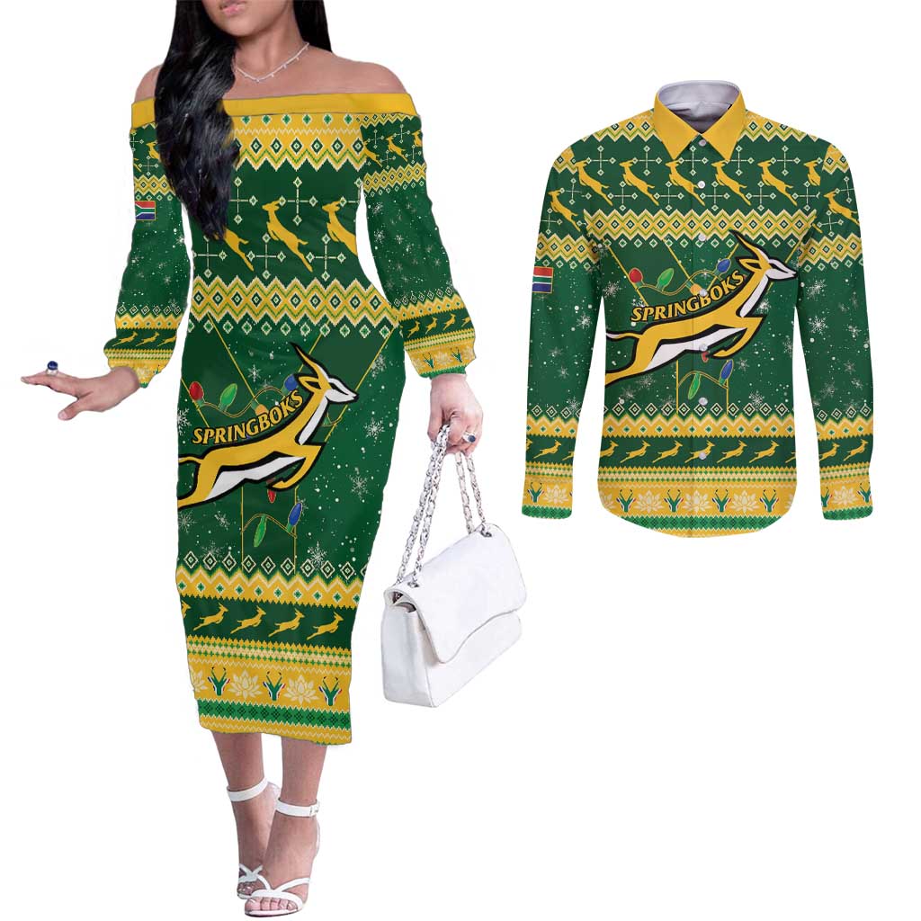 South Africa Christmas Rugby Couples Matching Off The Shoulder Long Sleeve Dress and Long Sleeve Button Shirt Springboks Geseende Kersfees