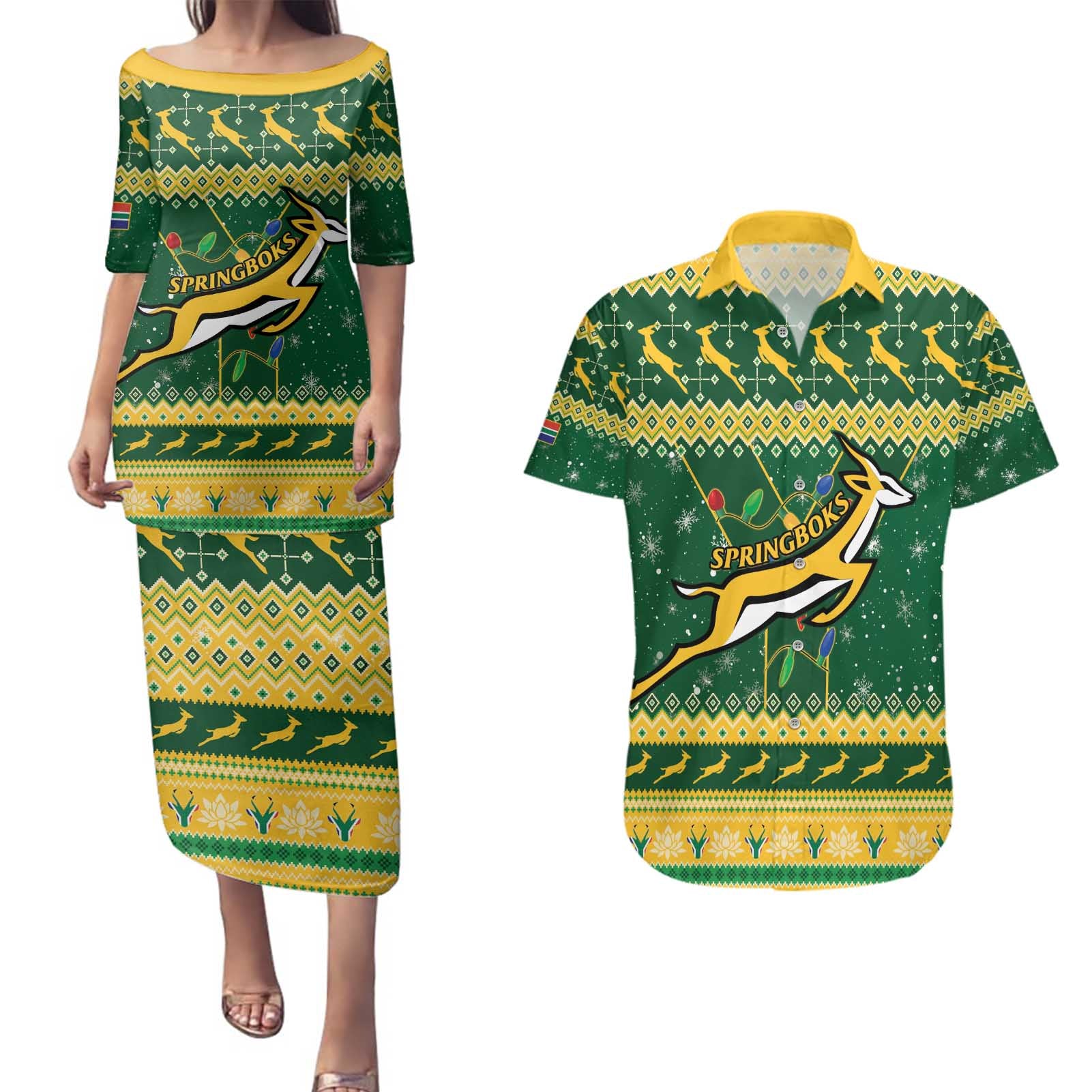 South Africa Christmas Rugby Couples Matching Puletasi and Hawaiian Shirt Springboks Geseende Kersfees - Wonder Print Shop