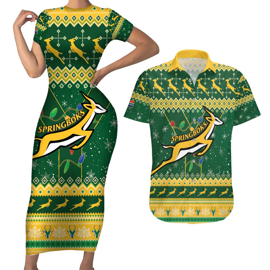 South Africa Christmas Rugby Couples Matching Short Sleeve Bodycon Dress and Hawaiian Shirt Springboks Geseende Kersfees - Wonder Print Shop