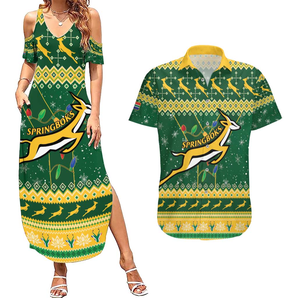 South Africa Christmas Rugby Couples Matching Summer Maxi Dress and Hawaiian Shirt Springboks Geseende Kersfees - Wonder Print Shop