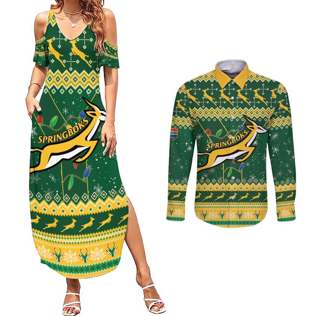 South Africa Christmas Rugby Couples Matching Summer Maxi Dress and Long Sleeve Button Shirt Springboks Geseende Kersfees - Wonder Print Shop