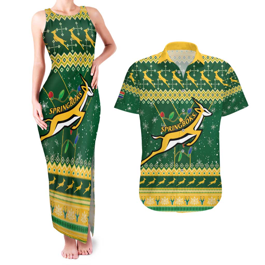 South Africa Christmas Rugby Couples Matching Tank Maxi Dress and Hawaiian Shirt Springboks Geseende Kersfees - Wonder Print Shop