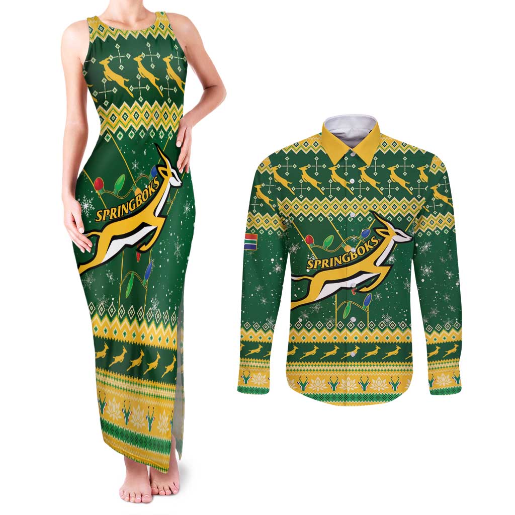 South Africa Christmas Rugby Couples Matching Tank Maxi Dress and Long Sleeve Button Shirt Springboks Geseende Kersfees - Wonder Print Shop