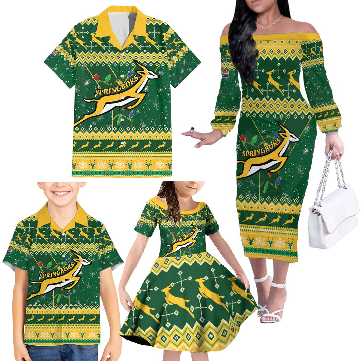 South Africa Christmas Rugby Family Matching Off The Shoulder Long Sleeve Dress and Hawaiian Shirt Springboks Geseende Kersfees - Wonder Print Shop