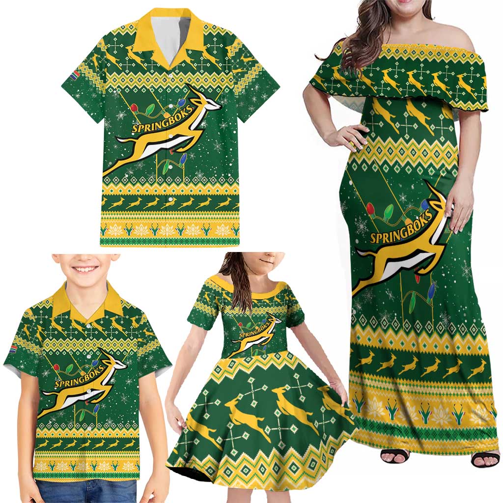 South Africa Christmas Rugby Family Matching Off Shoulder Maxi Dress and Hawaiian Shirt Springboks Geseende Kersfees - Wonder Print Shop