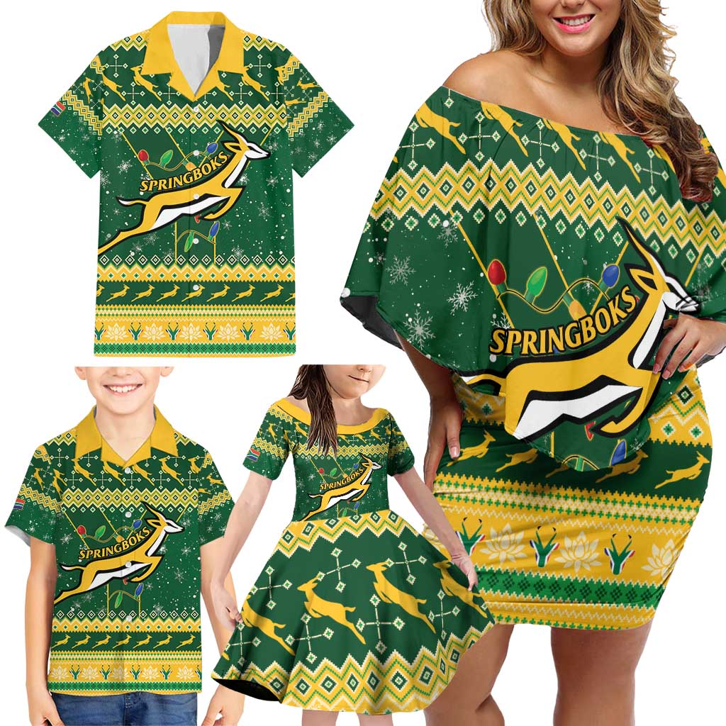 South Africa Christmas Rugby Family Matching Off Shoulder Short Dress and Hawaiian Shirt Springboks Geseende Kersfees - Wonder Print Shop