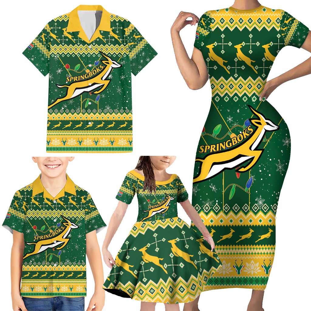 South Africa Christmas Rugby Family Matching Short Sleeve Bodycon Dress and Hawaiian Shirt Springboks Geseende Kersfees - Wonder Print Shop