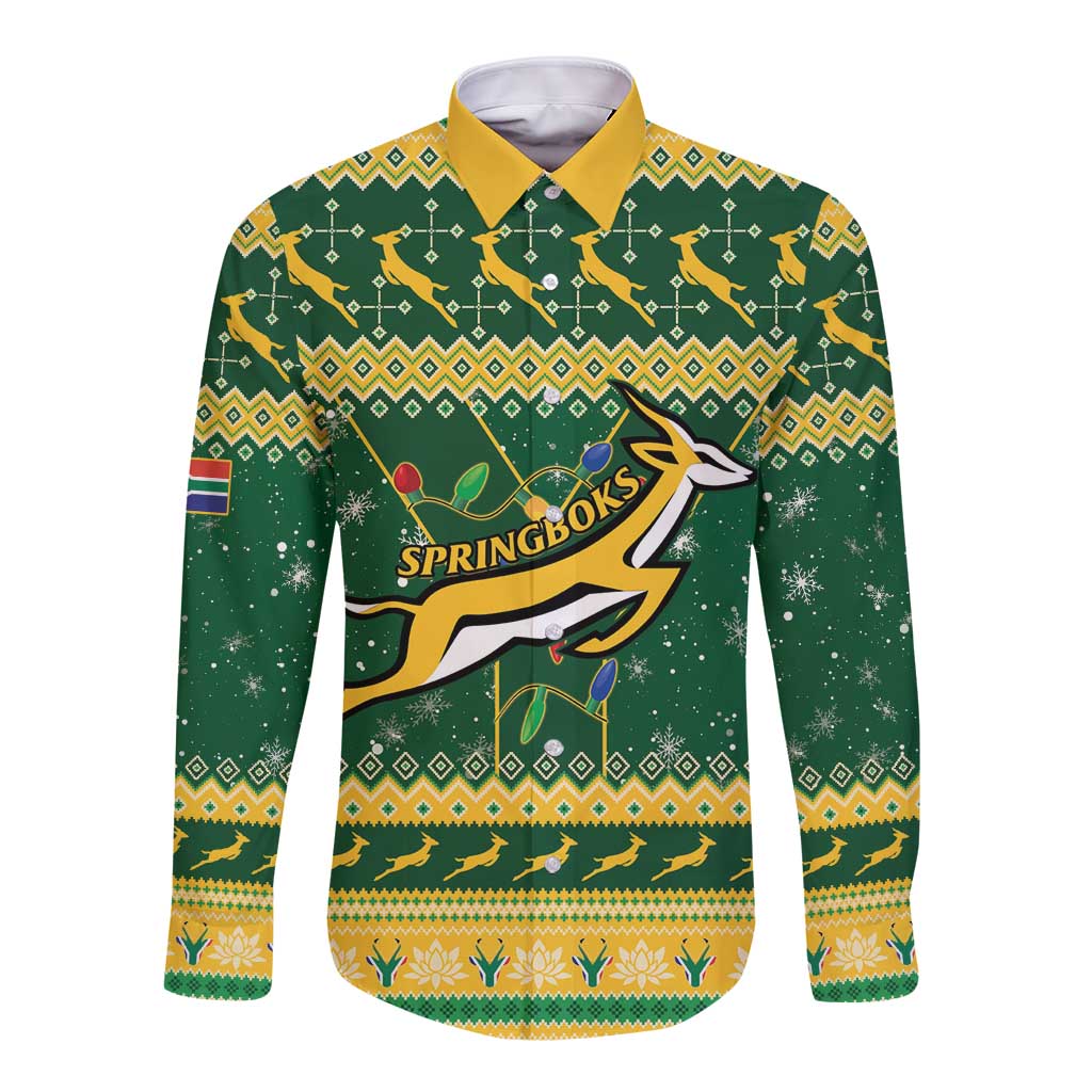 South Africa Christmas Rugby Long Sleeve Button Shirt Springboks Geseende Kersfees - Wonder Print Shop