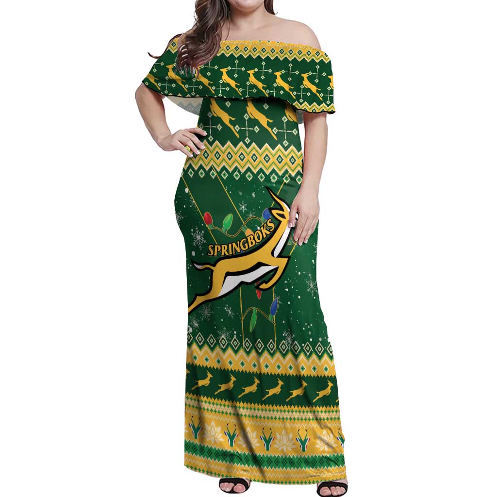 South Africa Christmas Rugby Off Shoulder Maxi Dress Springboks Geseende Kersfees - Wonder Print Shop