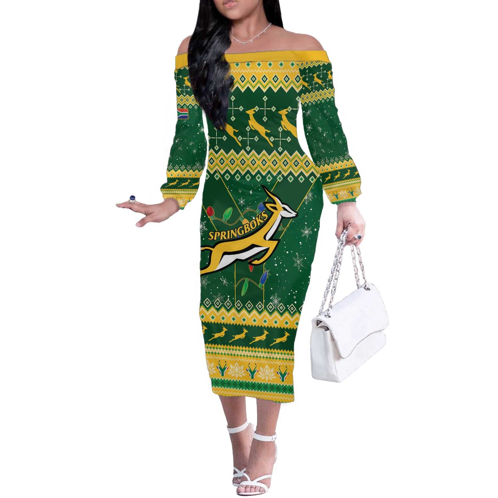 South Africa Christmas Rugby Off The Shoulder Long Sleeve Dress Springboks Geseende Kersfees - Wonder Print Shop