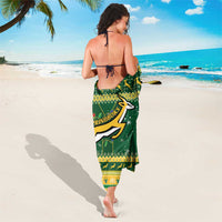 Green Springboks rugby sarong, back view with large crest and geometric trim