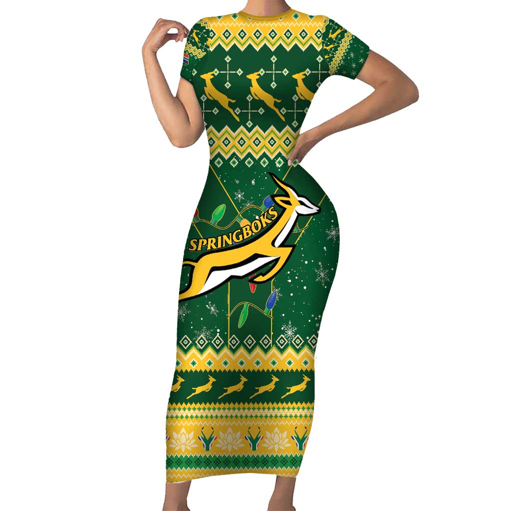 South Africa Christmas Rugby Short Sleeve Bodycon Dress Springboks Geseende Kersfees