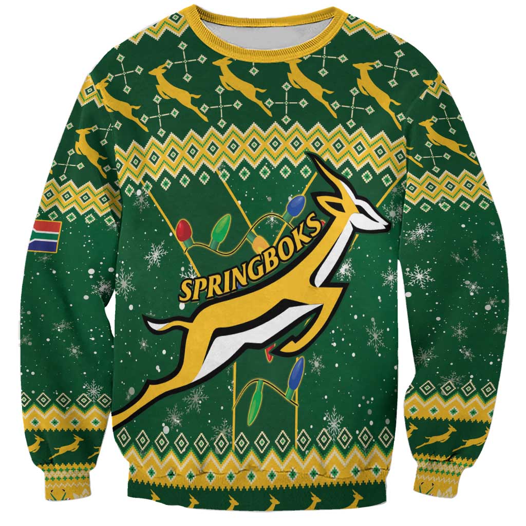 Green Christmas rugby sweatshirt, yellow-trimmed antelope graphic with holiday pattern
