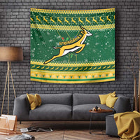 Green Springboks Christmas rugby tapestry with yellow border and roaring antelope logo