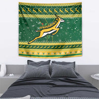 Green rugby tapestry with Springboks antelope logo, festive yellow patterned trim
