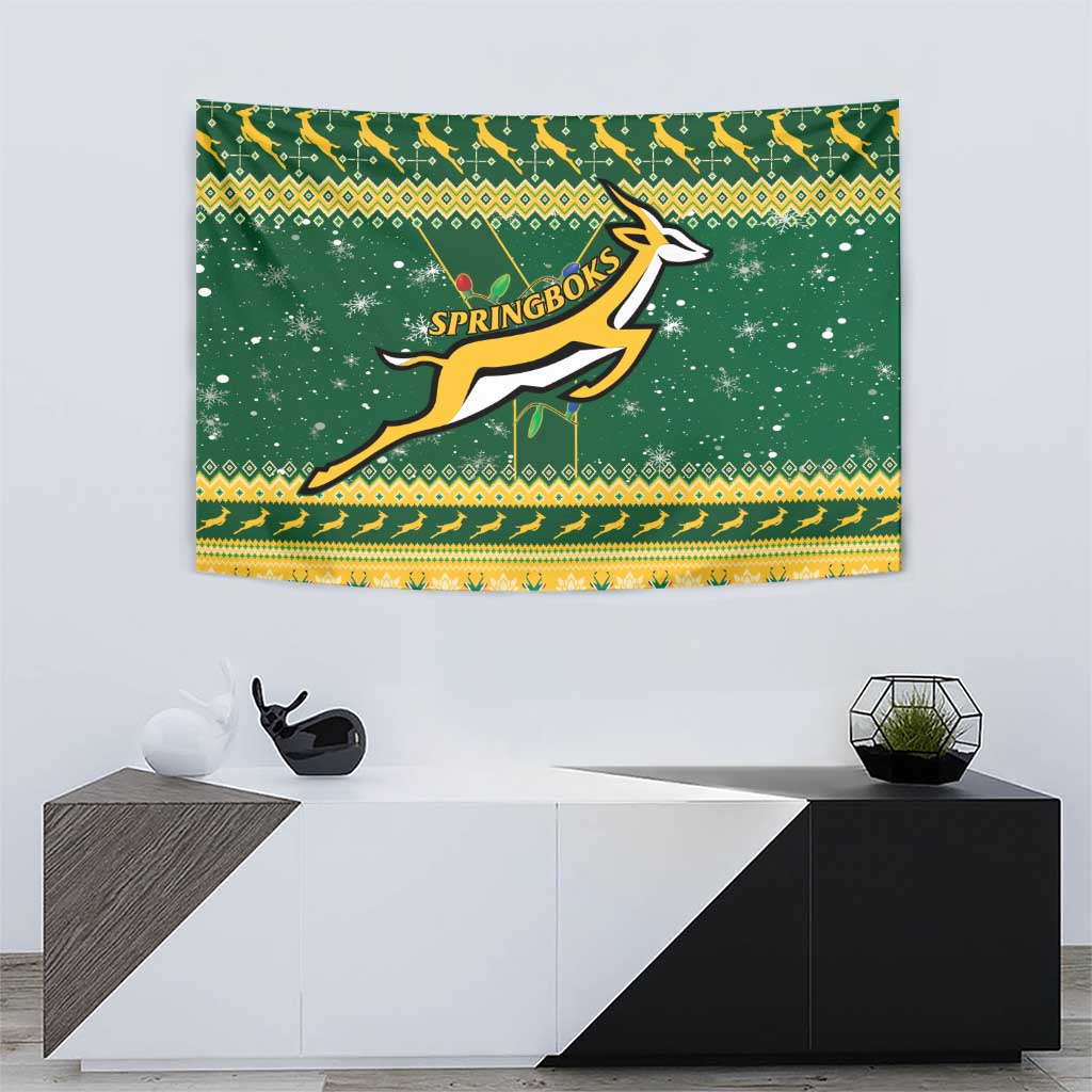 Green Christmas rugby tapestry with Springboks antelope graphic and yellow zigzag band