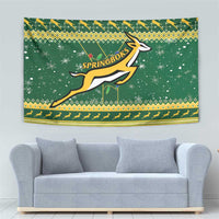 Green Springboks Christmas rugby tapestry, close-up view with yellow geometric border