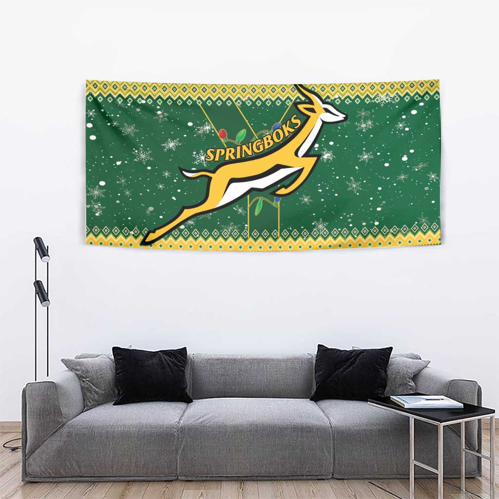 Green Springboks rugby tapestry with yellow festive border and large antelope logo