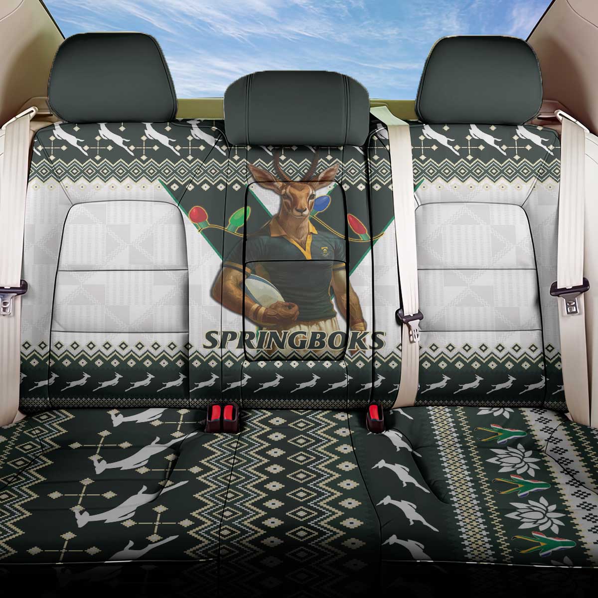 South Africa Christmas Rugby Back Car Seat Cover Springboks Mascot Mix African Pattern - Wonder Print Shop