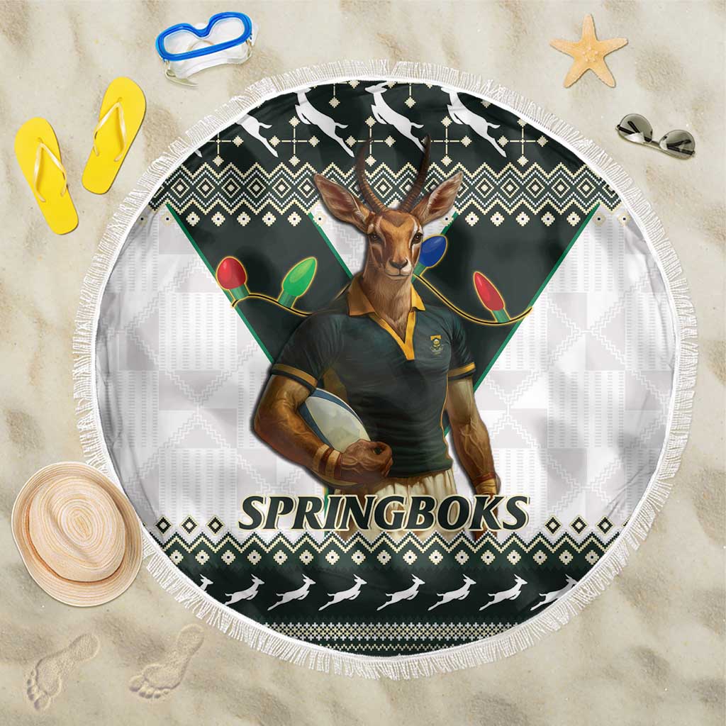 South Africa Christmas Rugby Beach Blanket Springboks Mascot Mix African Pattern - Wonder Print Shop