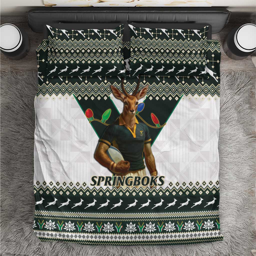 Springboks Christmas bedding set with green, black, and white geometric pattern and mascot