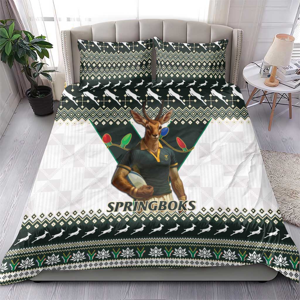 Springboks Christmas bedding set with duvet and matching green, black, white pattern mascot