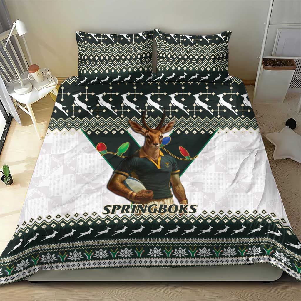 Springboks Christmas bedding set with green and black trim, mascot, and repeating geometric print