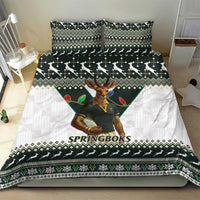 Springboks Christmas bedding set with green and black trim, mascot, and repeating geometric print