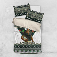 Springboks Christmas bedding set flat lay with mascot duvet and two matching pillow shams