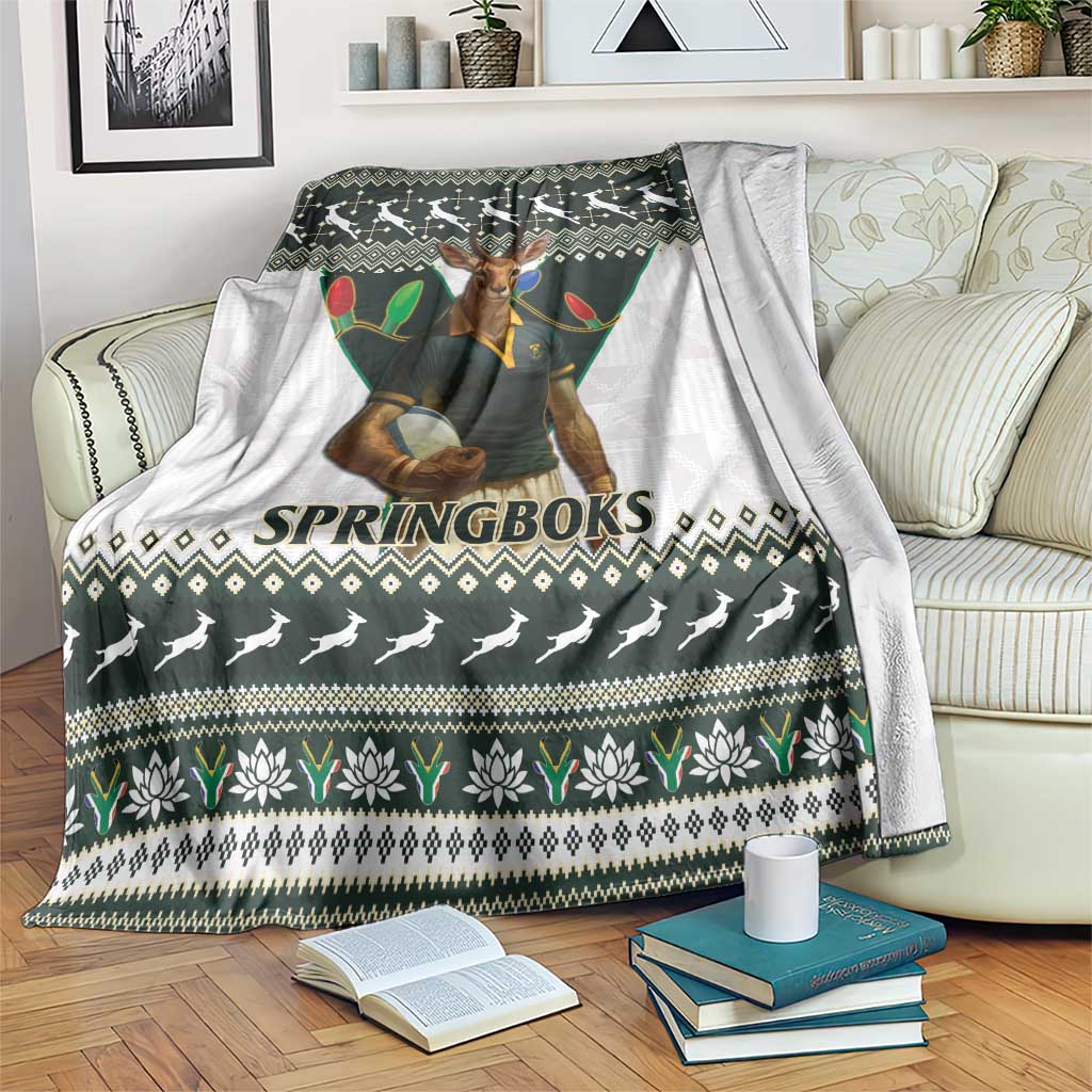 Christmas rugby blanket with Springboks mascot, green and white patterned border