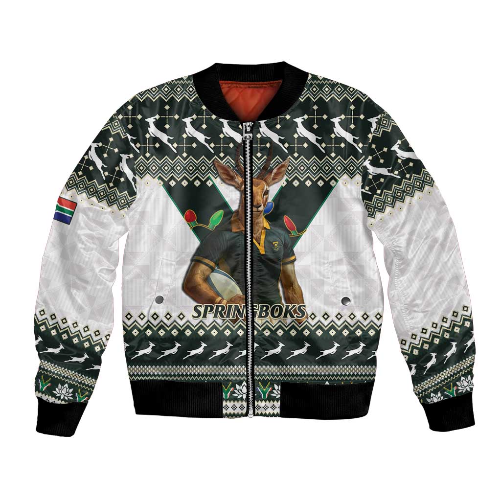 South Africa Christmas Rugby Bomber Jacket Springboks Mascot Mix African Pattern - Wonder Print Shop