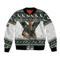 Unisex bomber jacket with zip front, black and white, festive Springboks graphic and patterned trim