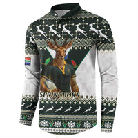 Rugby button sweatshirt, antelope mascot with 'SPRINGBOKS' text, holiday geometric design