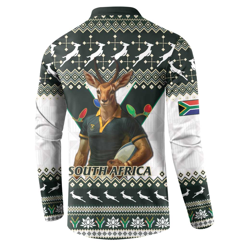 Rugby button sweatshirt, antelope mascot and 'SOUTH AFRICA' on festive geometric back print