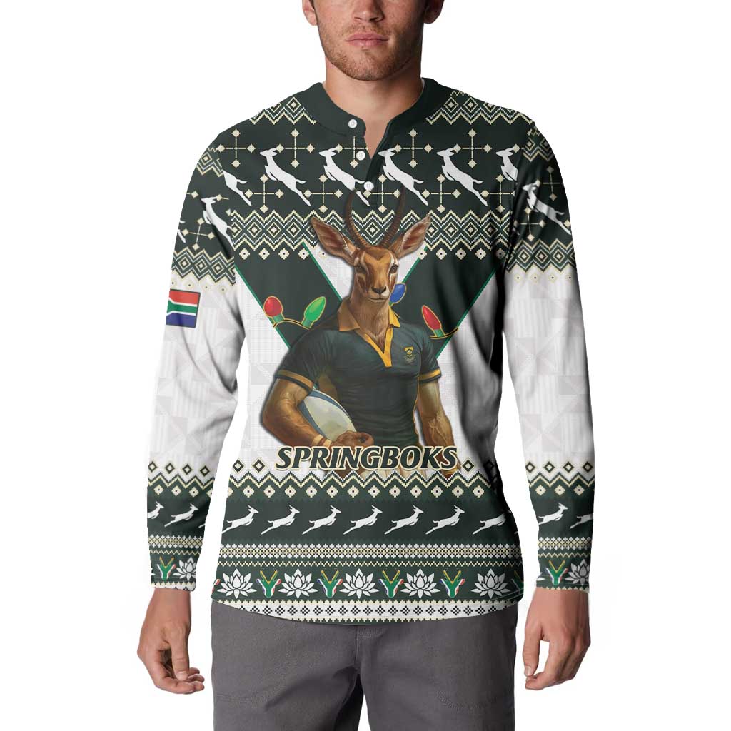 Rugby button sweatshirt with antelope mascot and 'SPRINGBOKS' chest graphic, long sleeves