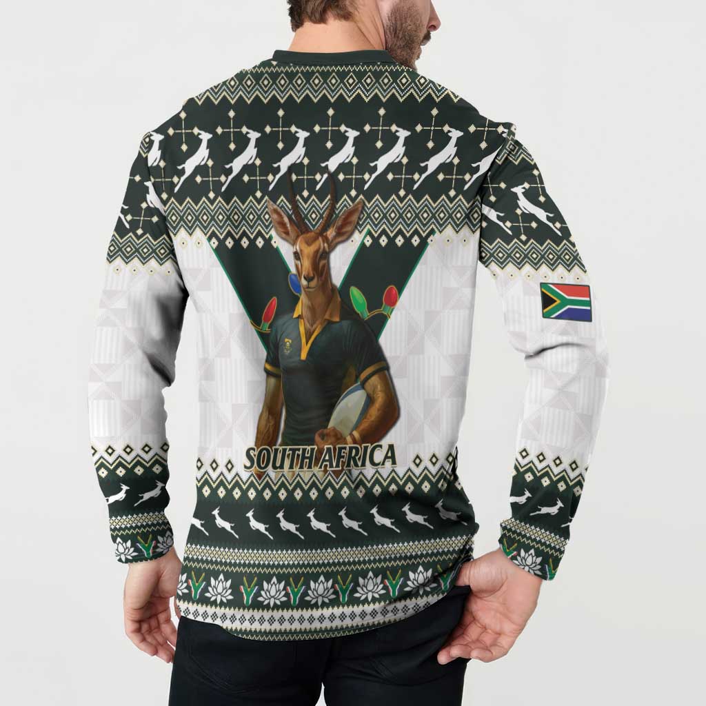 Rugby button sweatshirt back graphic with antelope mascot, 'SOUTH AFRICA' and repeating pattern