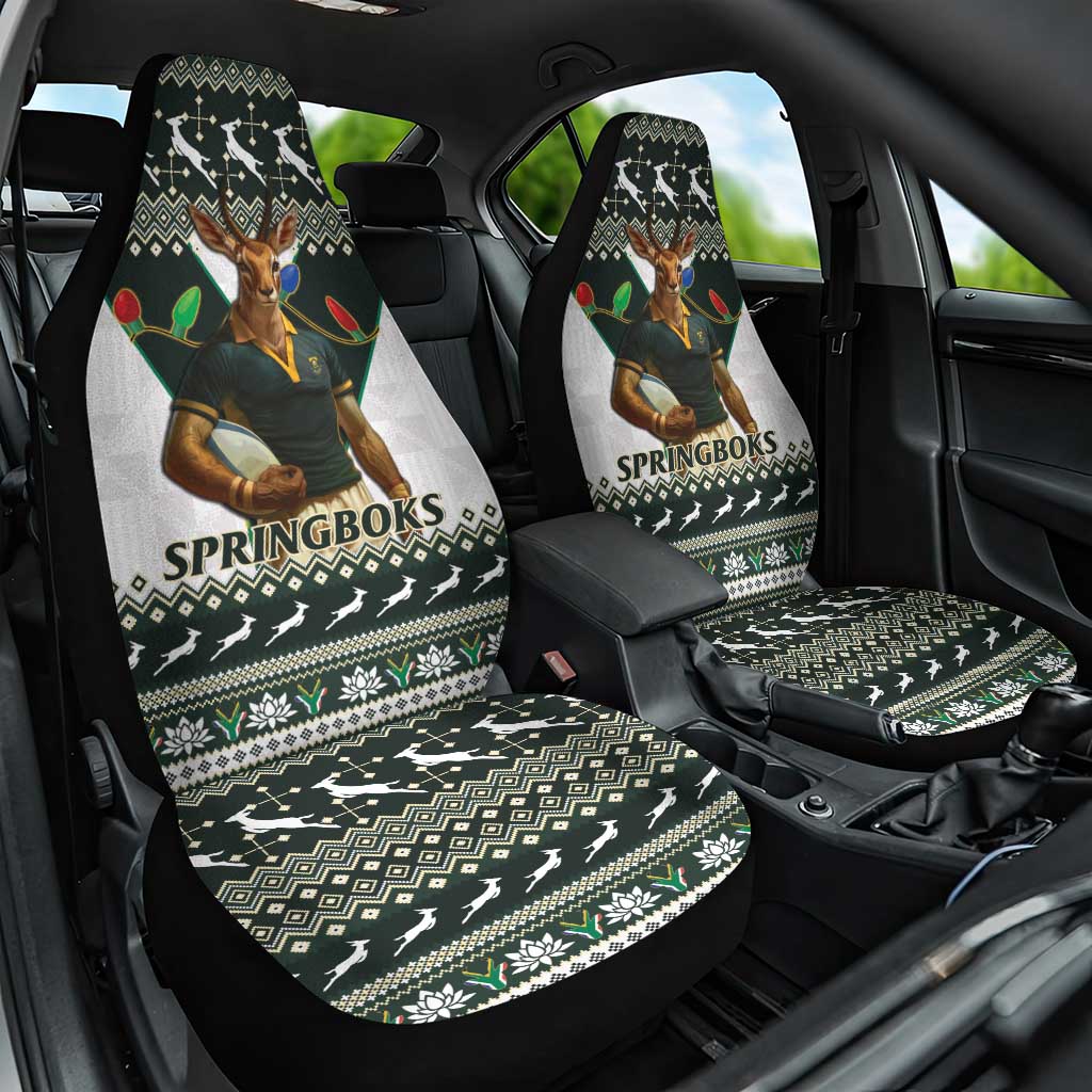 South Africa Christmas Rugby Car Seat Cover Springboks Mascot Mix African Pattern - Wonder Print Shop