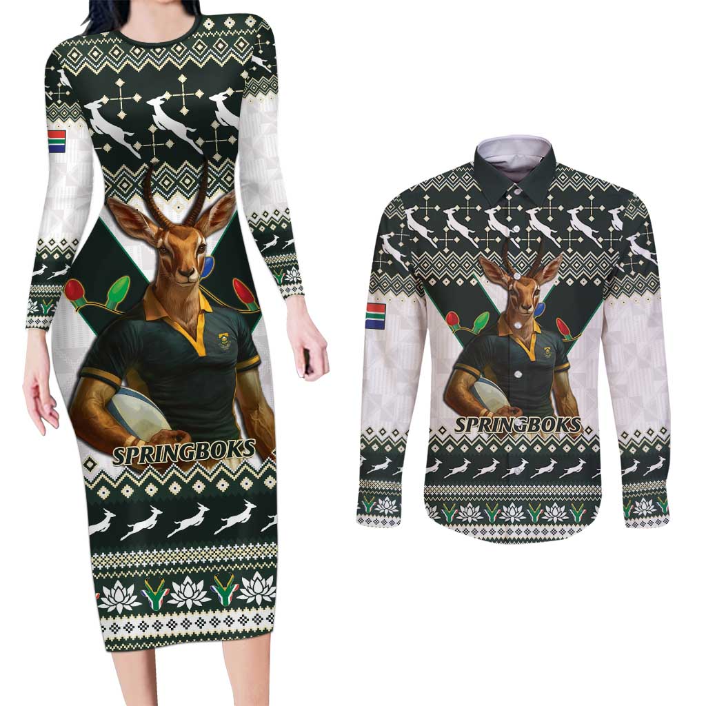 South Africa Christmas Rugby Couples Matching Long Sleeve Bodycon Dress and Long Sleeve Button Shirt Springboks Mascot Mix African Pattern - Wonder Print Shop