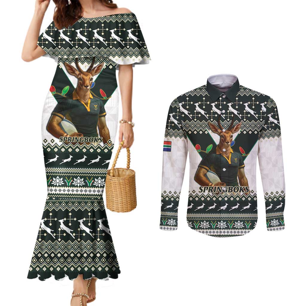 South Africa Christmas Rugby Couples Matching Mermaid Dress and Long Sleeve Button Shirt Springboks Mascot Mix African Pattern