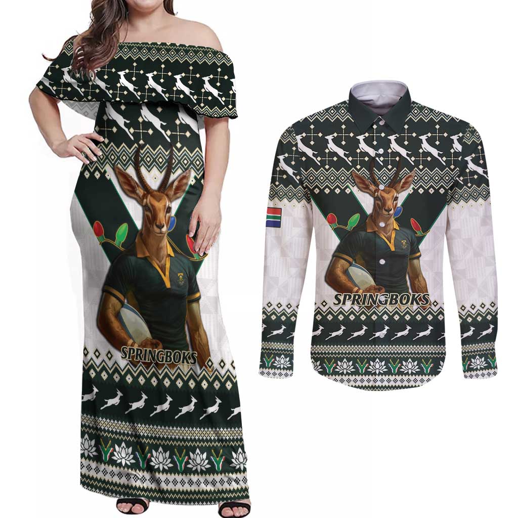 South Africa Christmas Rugby Couples Matching Off Shoulder Maxi Dress and Long Sleeve Button Shirt Springboks Mascot Mix African Pattern - Wonder Print Shop