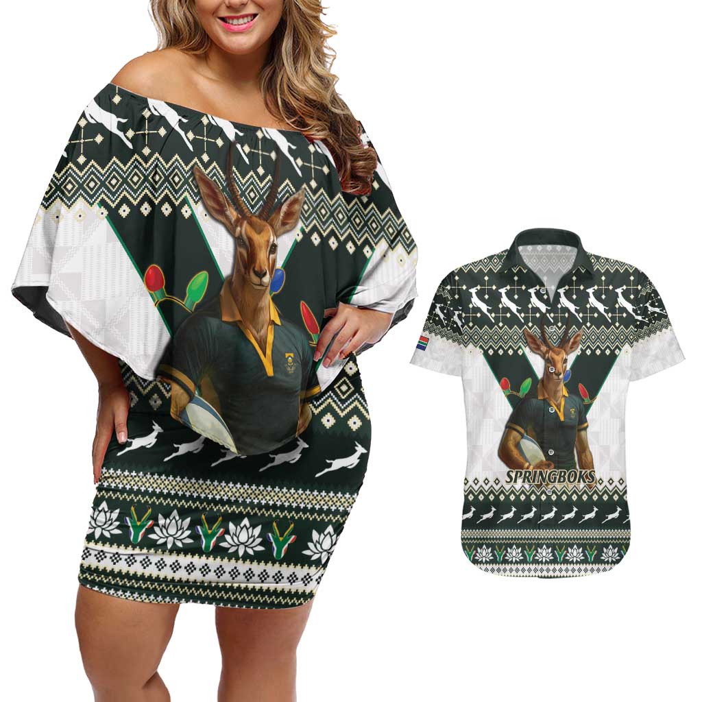 South Africa Christmas Rugby Couples Matching Off Shoulder Short Dress and Hawaiian Shirt Springboks Mascot Mix African Pattern - Wonder Print Shop