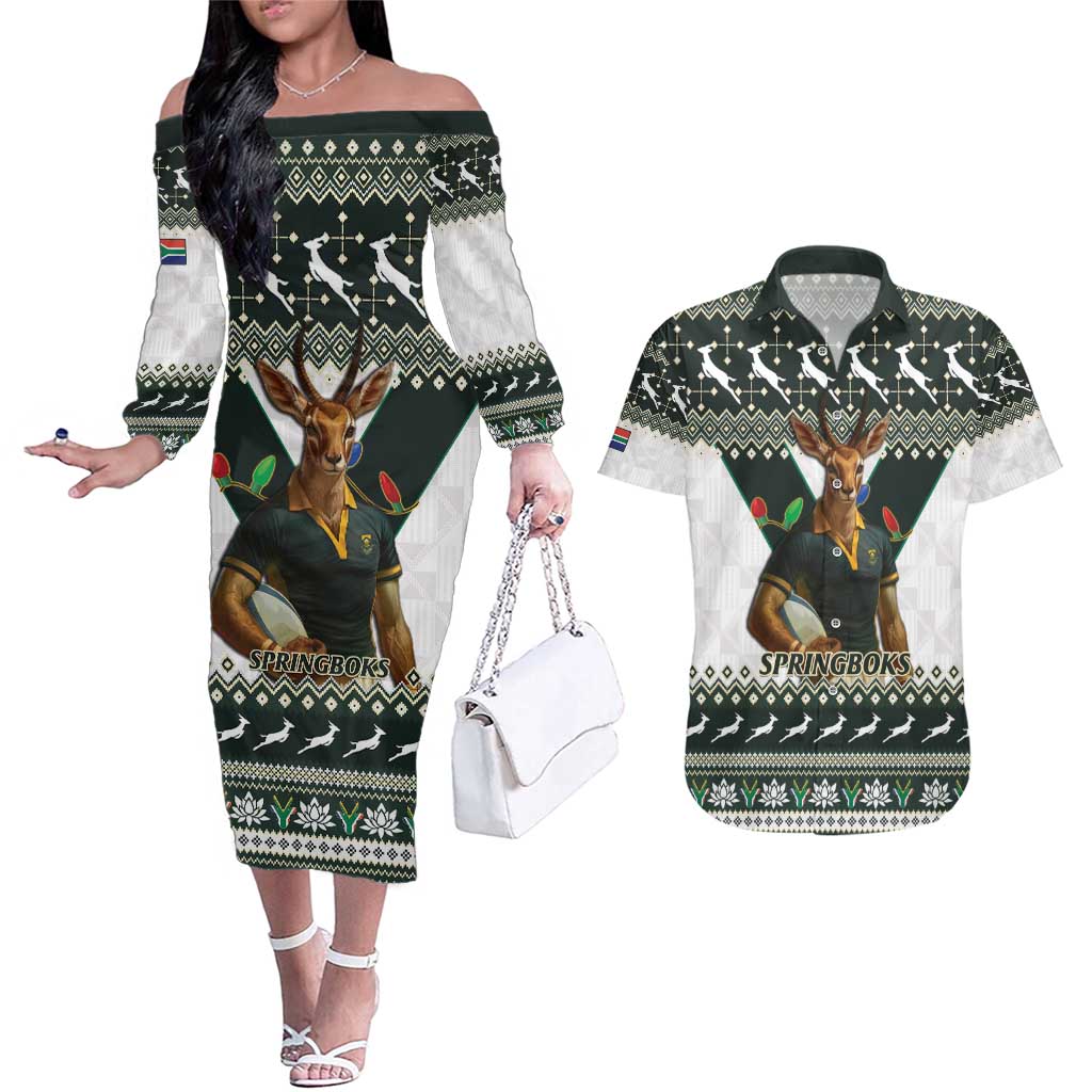 South Africa Christmas Rugby Couples Matching Off The Shoulder Long Sleeve Dress and Hawaiian Shirt Springboks Mascot Mix African Pattern - Wonder Print Shop