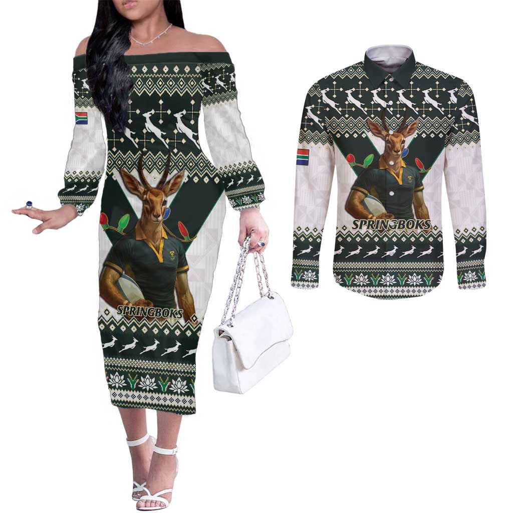 South Africa Christmas Rugby Couples Matching Off The Shoulder Long Sleeve Dress and Long Sleeve Button Shirt Springboks Mascot Mix African Pattern