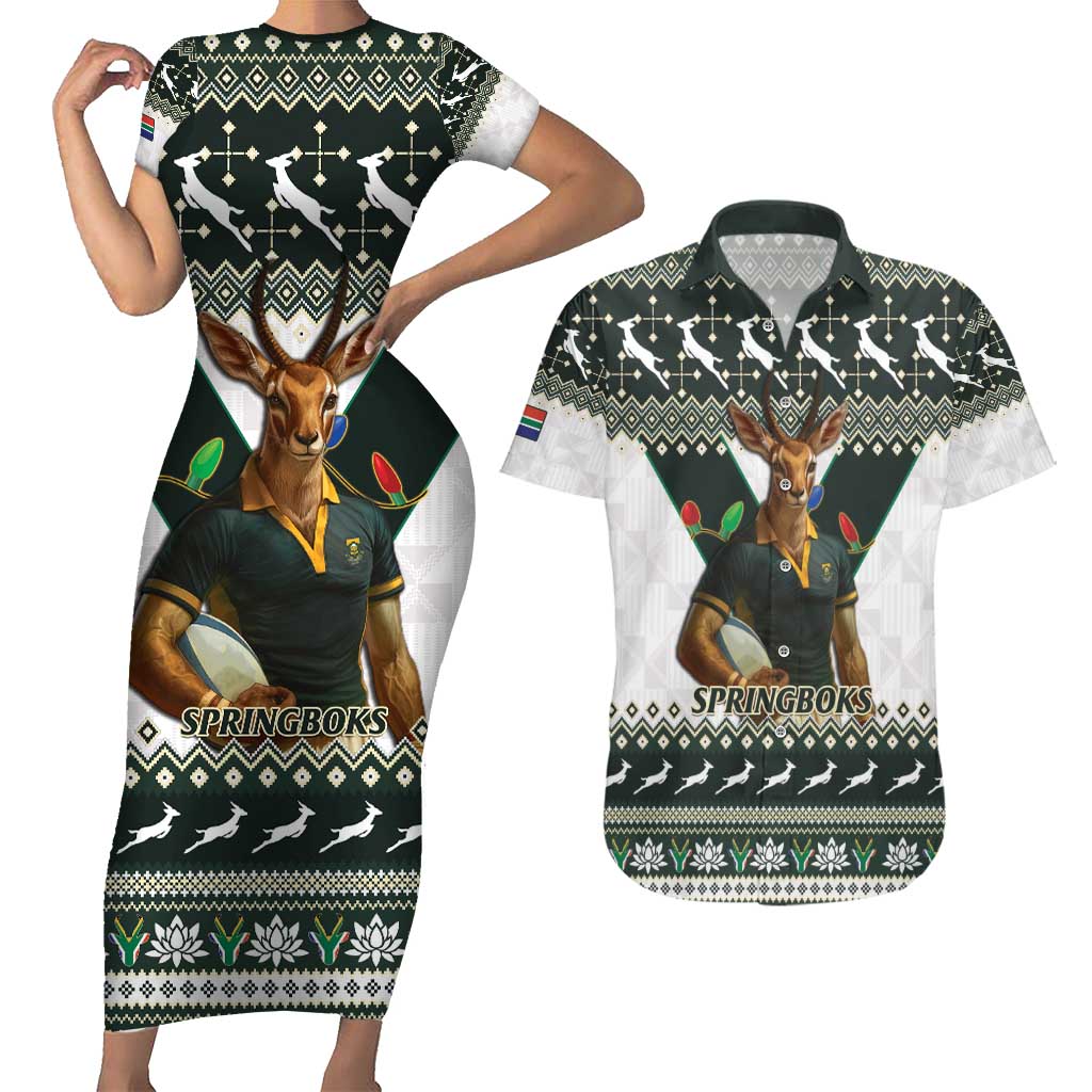 South Africa Christmas Rugby Couples Matching Short Sleeve Bodycon Dress and Hawaiian Shirt Springboks Mascot Mix African Pattern - Wonder Print Shop