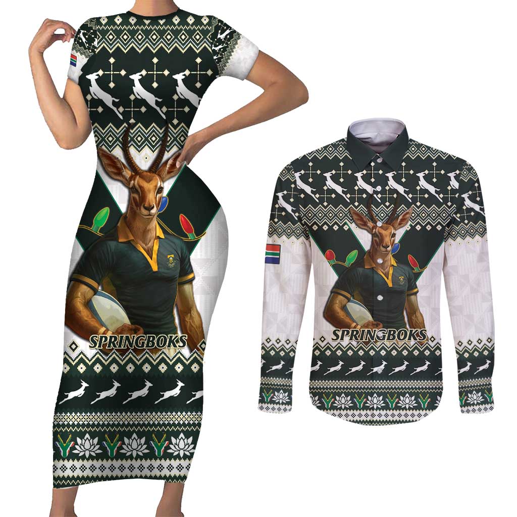 South Africa Christmas Rugby Couples Matching Short Sleeve Bodycon Dress and Long Sleeve Button Shirt Springboks Mascot Mix African Pattern - Wonder Print Shop