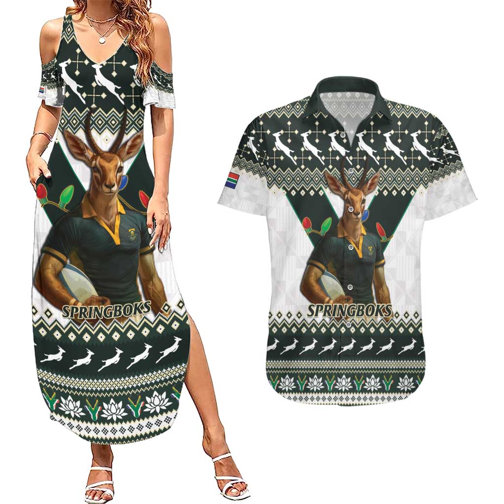 South Africa Christmas Rugby Couples Matching Summer Maxi Dress and Hawaiian Shirt Springboks Mascot Mix African Pattern - Wonder Print Shop