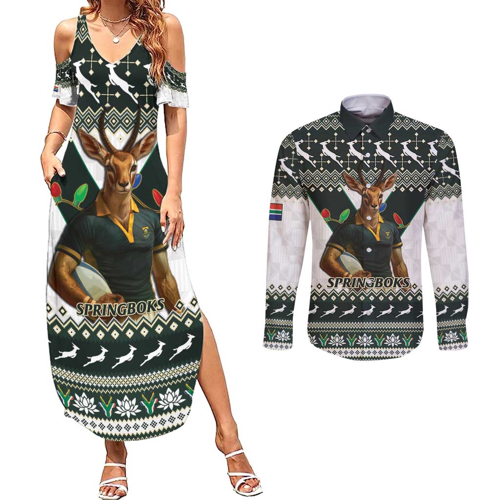 South Africa Christmas Rugby Couples Matching Summer Maxi Dress and Long Sleeve Button Shirt Springboks Mascot Mix African Pattern - Wonder Print Shop