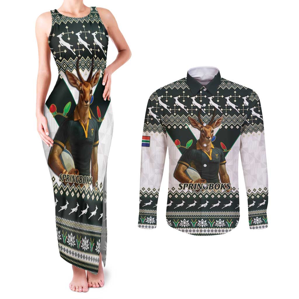 South Africa Christmas Rugby Couples Matching Tank Maxi Dress and Long Sleeve Button Shirt Springboks Mascot Mix African Pattern - Wonder Print Shop