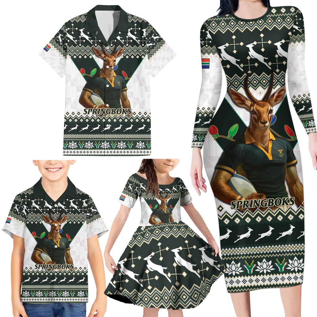 South Africa Christmas Rugby Family Matching Long Sleeve Bodycon Dress and Hawaiian Shirt Springboks Mascot Mix African Pattern - Wonder Print Shop